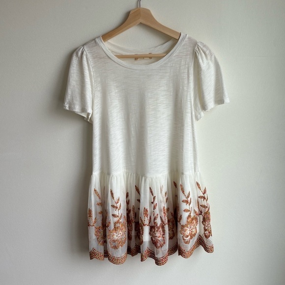 Altar'd State Tops - Altar'd State Cream Babydoll Peplum Tunic Floral Tulle Mesh Top T-Shirt Size S